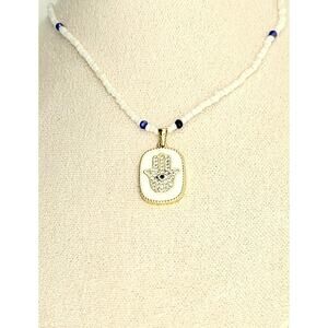 Handmade White Hamsa Necklace Pendant CZ Pave Bead Adjustable Gold Plated Chain